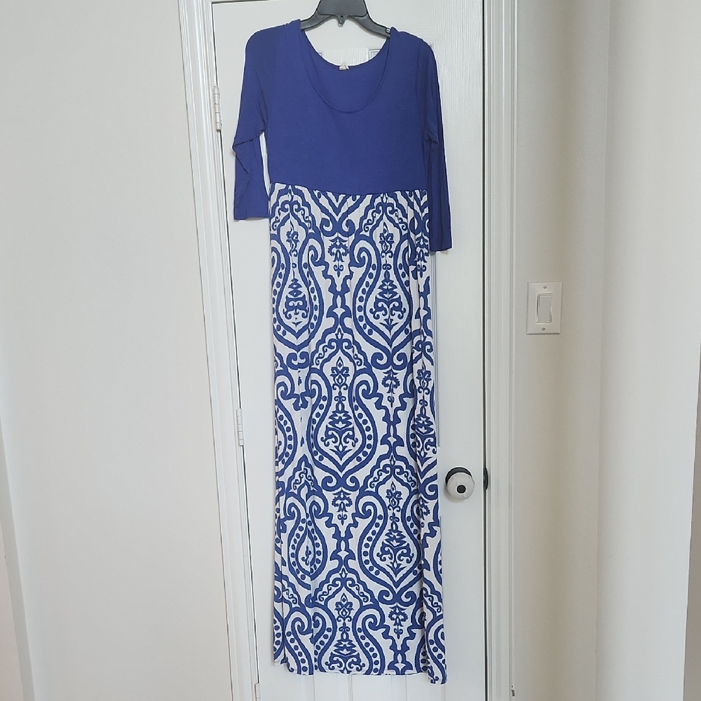 Royal Damask Blue and White Maternity Maxi Dress